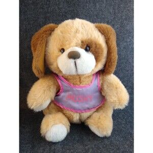 Fairview Puppy Dog Brown Plush Stuffed Animal w Pink Shirt Mushy Vintage